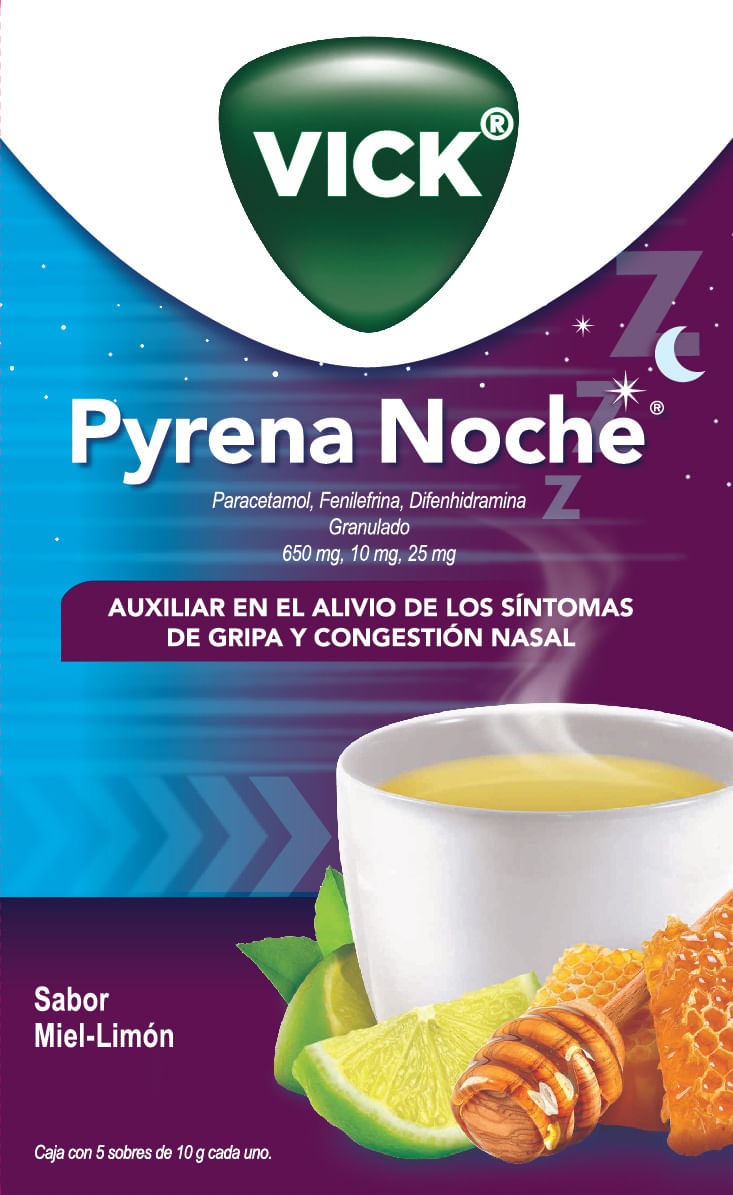 Vick Pyrena Noche Sobres 650Mg/10Mg/25Mg 10G Con 5 (Paracetamol/Fenilefrina/Difenhidramina)