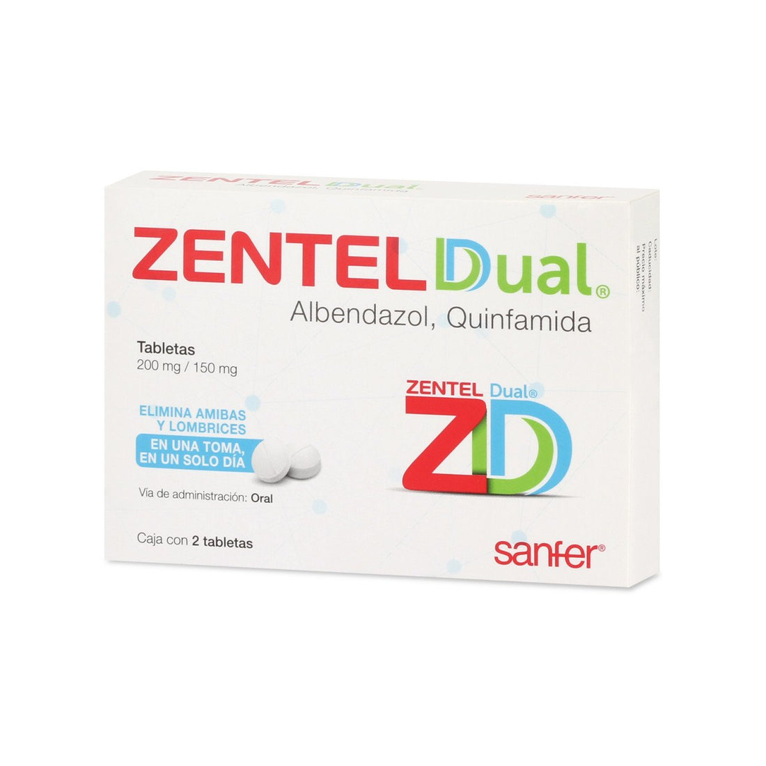 Zentel Dual 200Mg/150Mg Con 2 Tabletas (Albendazol/Quinfamida)