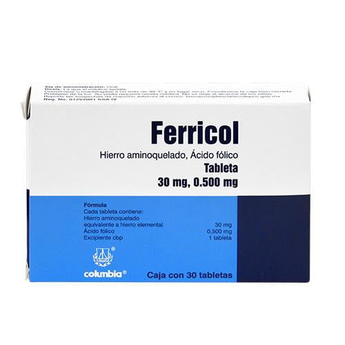 Ferricol 30Mg/500Mg Con 30 Tabletas (Hierro Aminoquelado/Acido Folico)