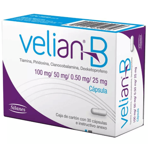 Velian B 100Mg/50Mg/0.50Mg/25Mg Con 30 Capsulas (Tiamina/Piridoxina/Cianocobalamina/Dexketoprofeno)