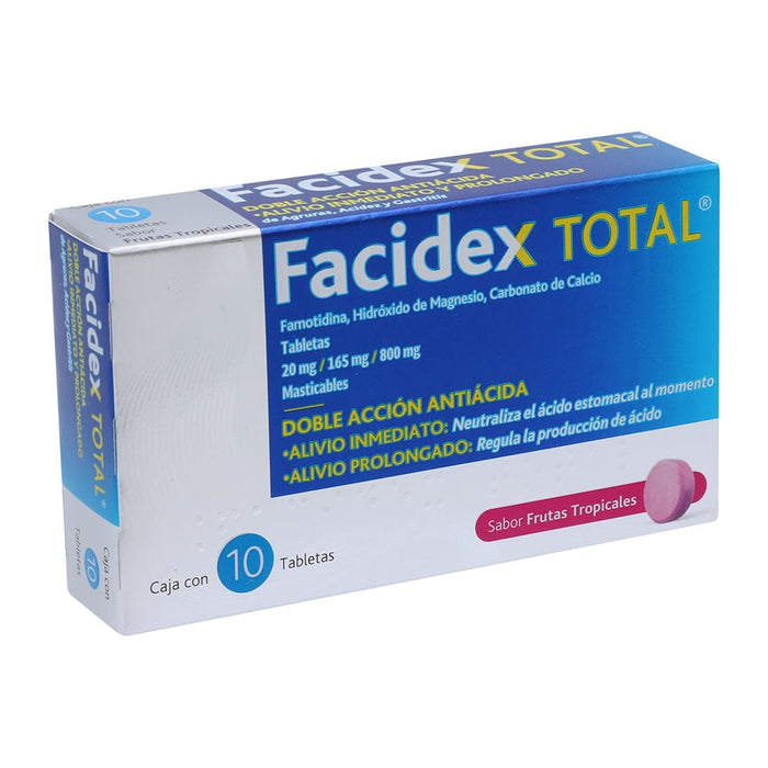 Facidex Total 20Mg/165/800Mg Con 10 Tabletas (Famotidina/Hidroxido De Magensio/Carbonato De Calcio)