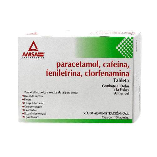 Paracetamol/Cafeina/Fenilefrina/Clorfenamina 500/25/5/4 Mg Con 10 Tabletas Amsa - WeCare Pharma