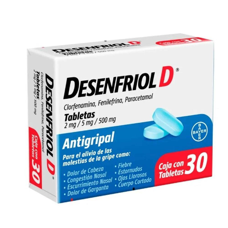 Desenfriol D 2Mg/5Mg/500Mg Con 30 Tabletas (Clorfenamina/Fenilefrina/Paracetamol) - WeCare Pharma