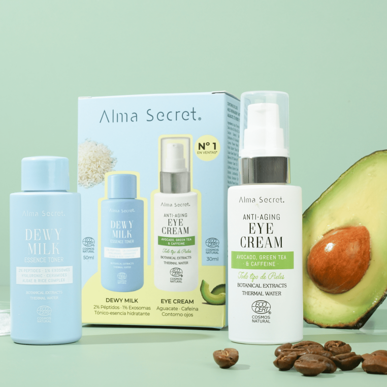 Alma Secret Cofre Contorno De Ojos Con Aguacate Cafeína Y Té Verde 30Ml+Dewy Milk Essence Tónico 8436568714332 ingredientes