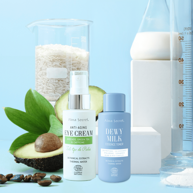 Alma Secret Cofre Contorno De Ojos Con Aguacate Cafeína Y Té Verde 30Ml+Dewy Milk Essence Tónico 8436568714332 con medidor e ingredientes