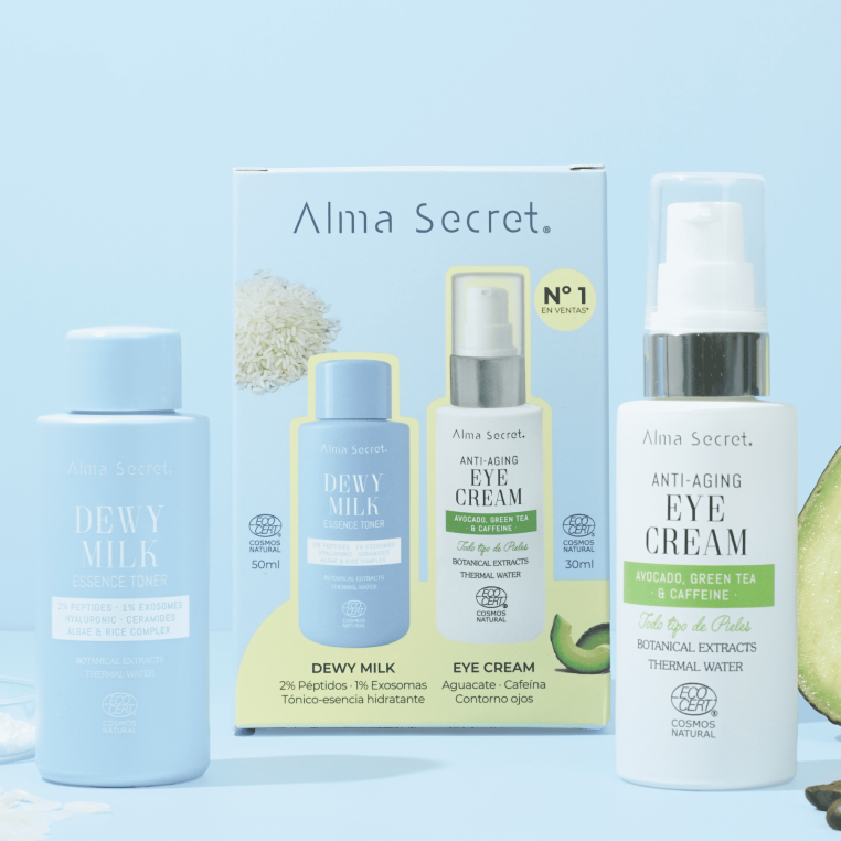 Alma Secret Cofre Contorno De Ojos Con Aguacate Cafeína Y Té Verde 30Ml+Dewy Milk Essence Tónico 8436568714332 en caja