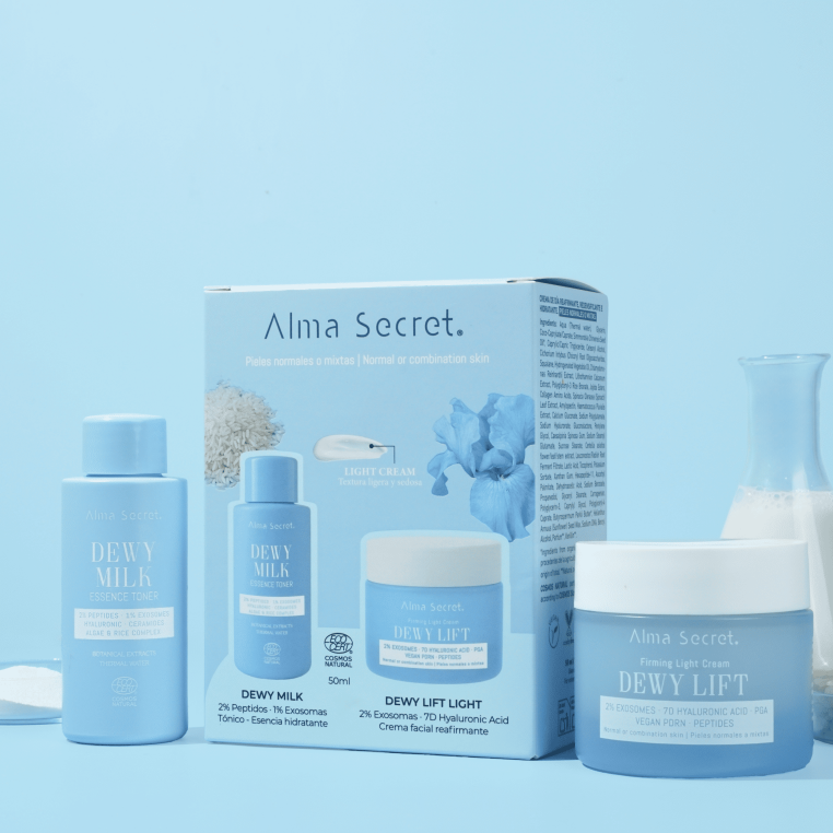 Alma Secret Cofre Dewy Lift Light Crema Día Piel Normal-Mixta 50 Ml + Dewy Milk Tónico 50 Ml 8436568714431 Caja con leche