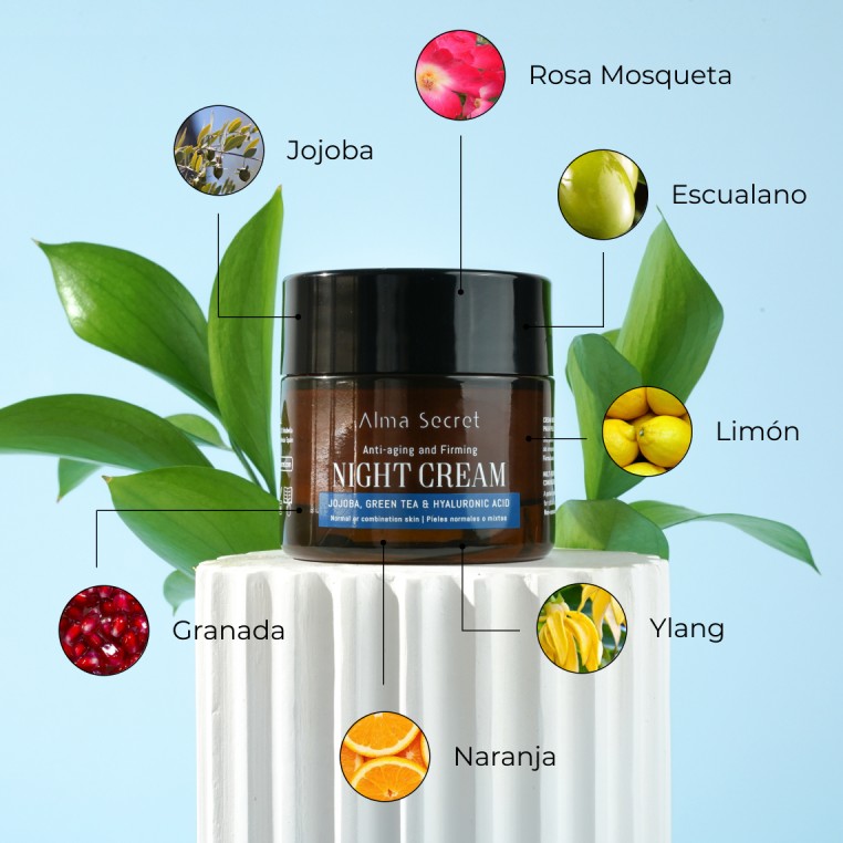 Alma Secret Crema De Noche Antiedad Y Reparadora Con Jojoba, Té Verde Y Ácido Hialurónico 50 Ml, detalle de ingredientes 8436568711188