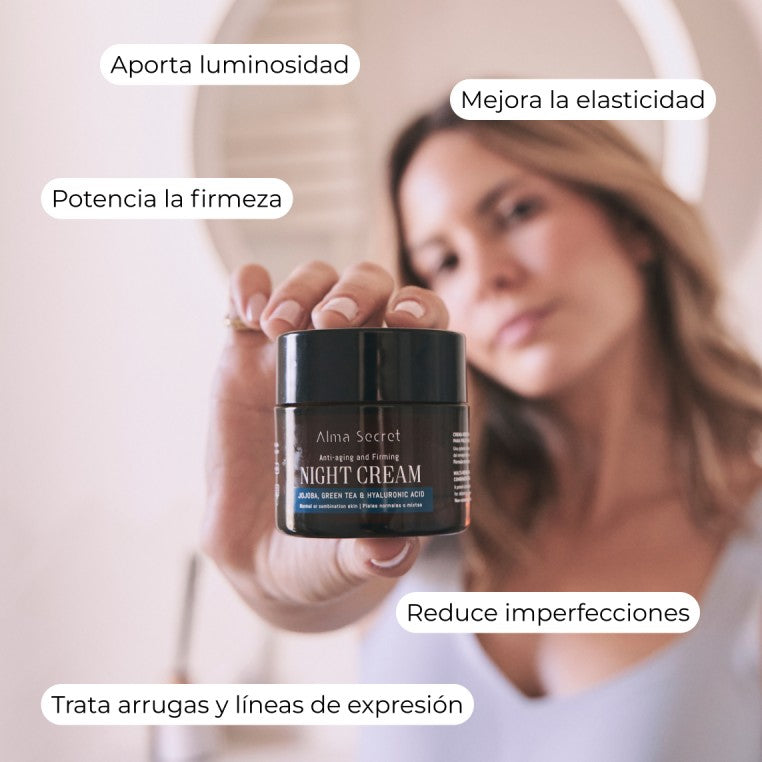 Alma Secret Crema De Noche Antiedad Y Reparadora Con Jojoba, Té Verde Y Ácido Hialurónico 50 Ml, beneficios 8436568711188
