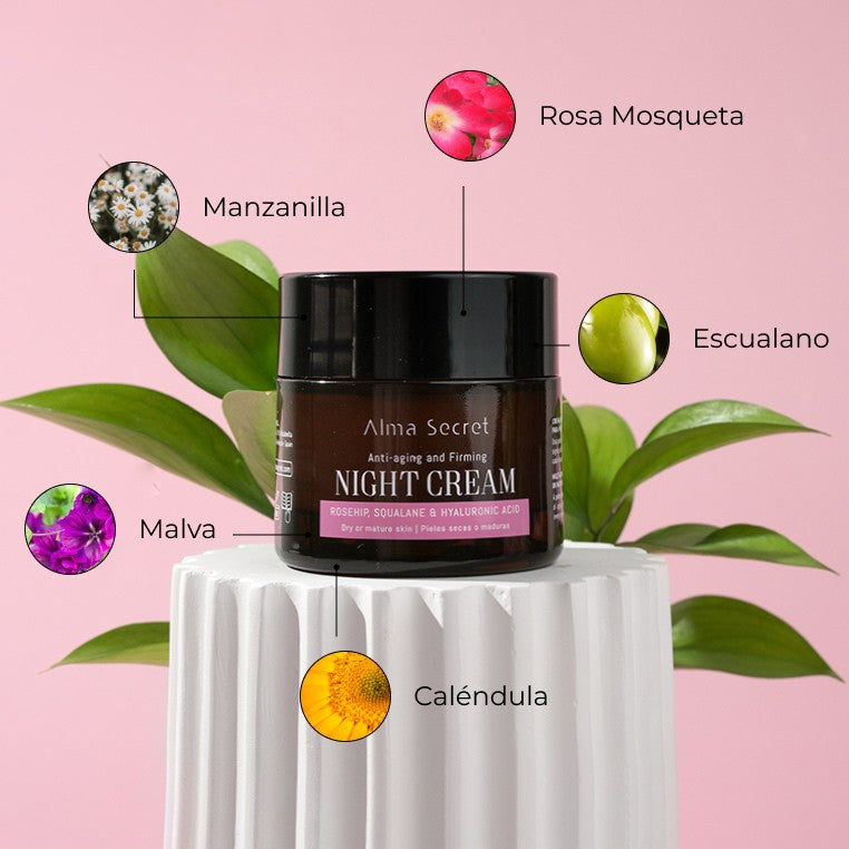 Alma Secret Crema De Noche Antiedad Y Reparadora Con Rosa Mosqueta, Escualano Y Ácido Hialurónico 50 8436568711171 con ingredientes