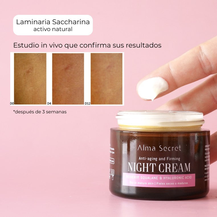 Alma Secret Crema De Noche Antiedad Y Reparadora Con Rosa Mosqueta, Escualano Y Ácido Hialurónico 50 8436568711171 con estudio que confirma sus resultados