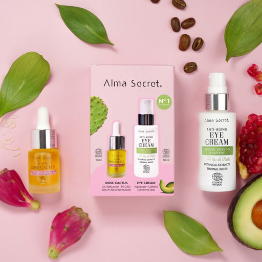 Alma Secret Kit Contorno De Ojos Con Aguacete, Cafeina Y Té Verde 30 Ml+Mini Rose Cactus 10 Ml 8436568713830 con frutos, flores y aguacate