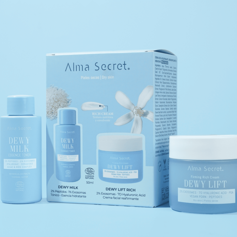 Alma Secret Kit Dewy Lift Rich Crema De Día Reafirmante Para Piel Seca 50 Ml+Dewy Milk Essence 50Ml 8436568714424 Caja contiene