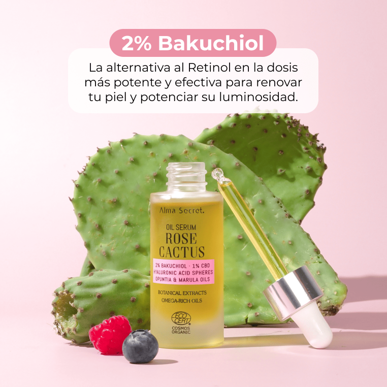 Alma Secret Rose Cactus Sérum-Aceite Facial Con Bakuchiol 2%, Cica Y Ácido Hialurónico 30 Ml 8436568713052 con cactus y gotero