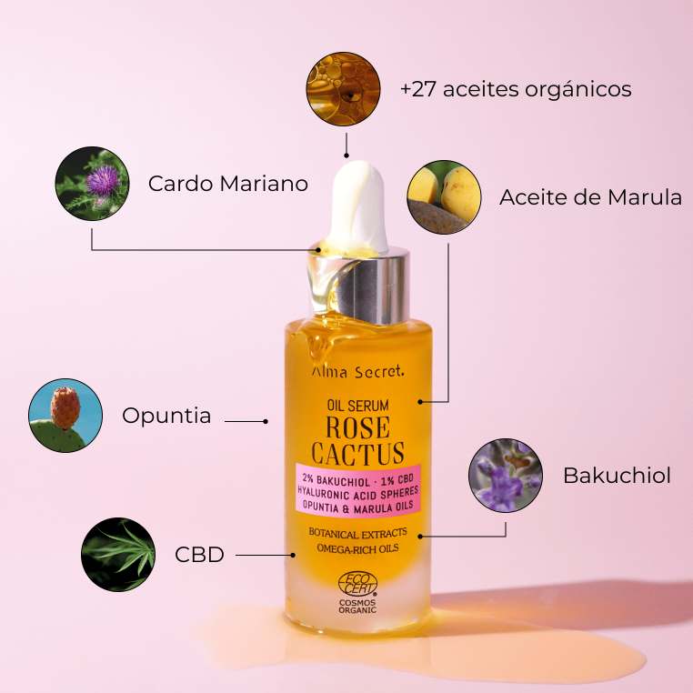 Alma Secret Rose Cactus Sérum-Aceite Facial Con Bakuchiol 2%, Cica Y Ácido Hialurónico 30 Ml 8436568713052 ingredientes