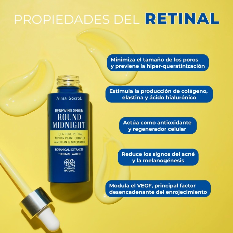 Alma Secret Round Midnight Sérum Facial Con Retinal Puro 0.1% Y Niacinamida 30 Ml, propiedades del retinal 8436568713038