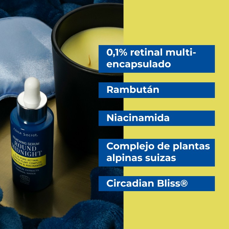 Alma Secret Round Midnight Sérum Facial Con Retinal Puro 0.1% Y Niacinamida 30 Ml, ingredientes 8436568713038