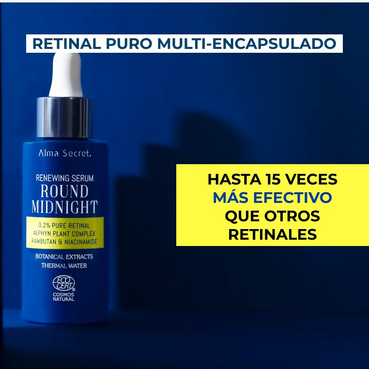 Alma Secret Round Midnight Sérum Facial Con Retinal Puro 0.2% Y Niacinamida 30 Ml, retinal puro multi-encapsulado, hasta 15 veces más efectivo que otros retinales 8436568713045