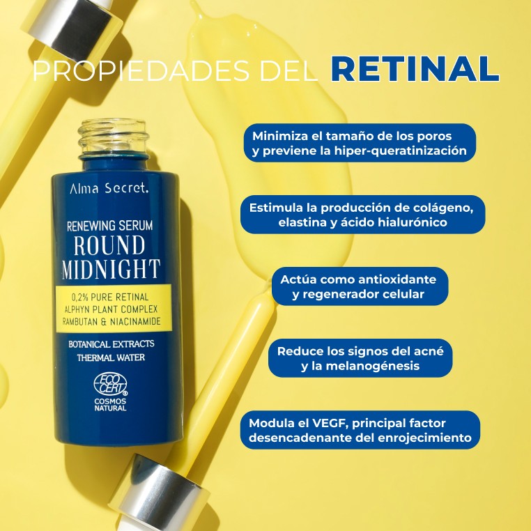 Alma Secret Round Midnight Sérum Facial Con Retinal Puro 0.2% Y Niacinamida  30 Ml , propiedades del retinal 8436568713045