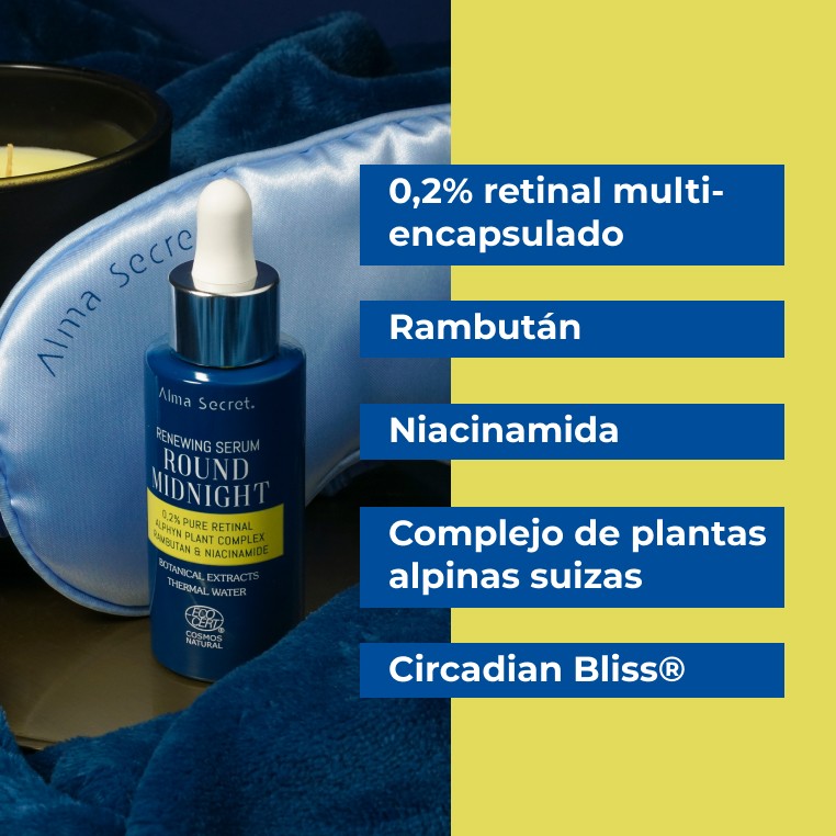 Alma Secret Round Midnight Sérum Facial Con Retinal Puro 0.2% Y Niacinamida  30 Ml, multi-encapsulado, rambután, niacimida, complejo de plantas alpinas suizas, Circadian Bliss 8436568713045