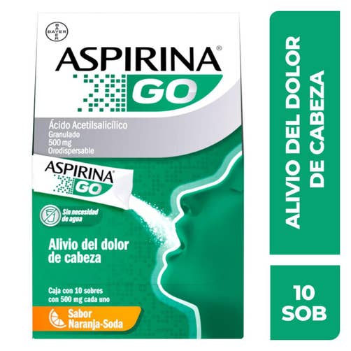 Aspirina Go Sin Agua 10 Sobres 500 Mg Sabor Naranja Soda 7501008499245