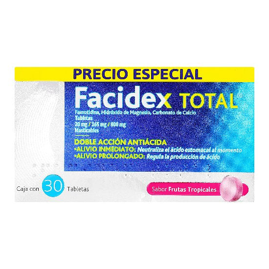 Facidex Total 20Mg/165/800Mg Con 30 Tabletas (Famotidina/Hidroxido De Magensio/Carbonato De Calcio) 1 - 7501299307434