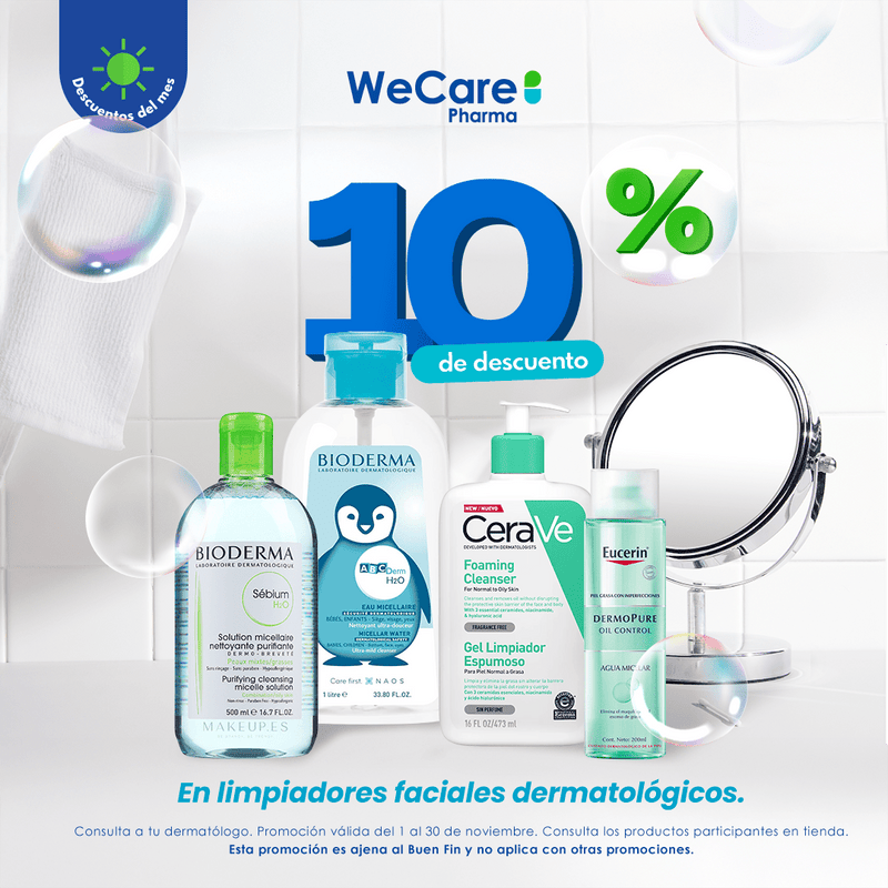 Promoción 10% de descuento en limpiadores faciales dermatologicos  en wecarepharma.mx farmacia en línea