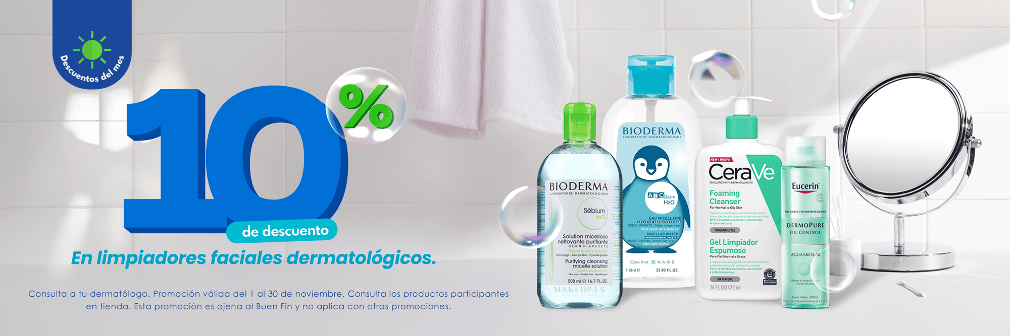 Promoción 10% de descuento en limpiadores faciales dermatologicos  en wecarepharma.mx farmacia en línea