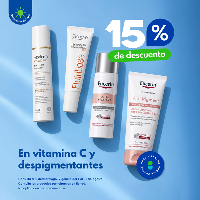 Promoción, 15% de descuento en vitamina C y despigmentantes