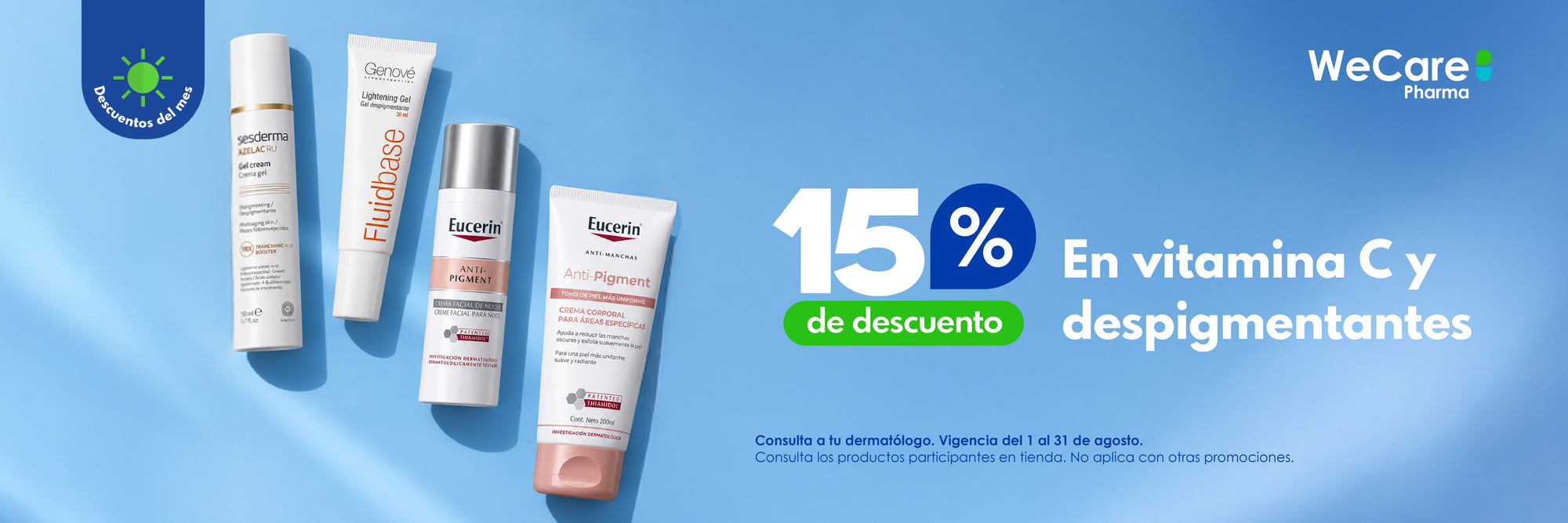 Promoción, 15% de descuento en vitamina C y despigmentantes