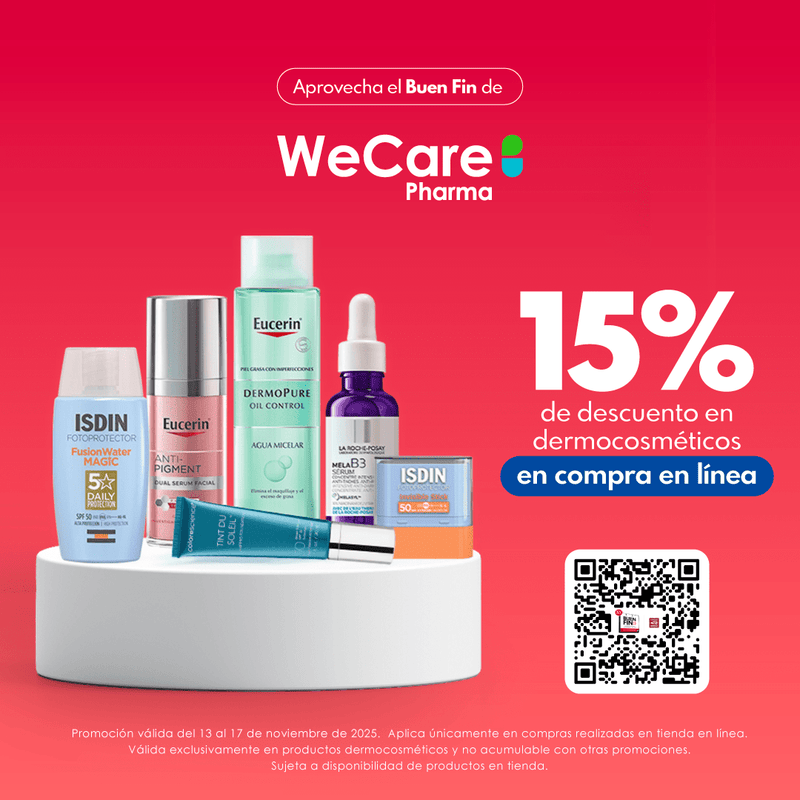 Promoción buen fin 2025, 15% de descuento en dermocosmeticos en wecarepharma.mx farmacia en línea