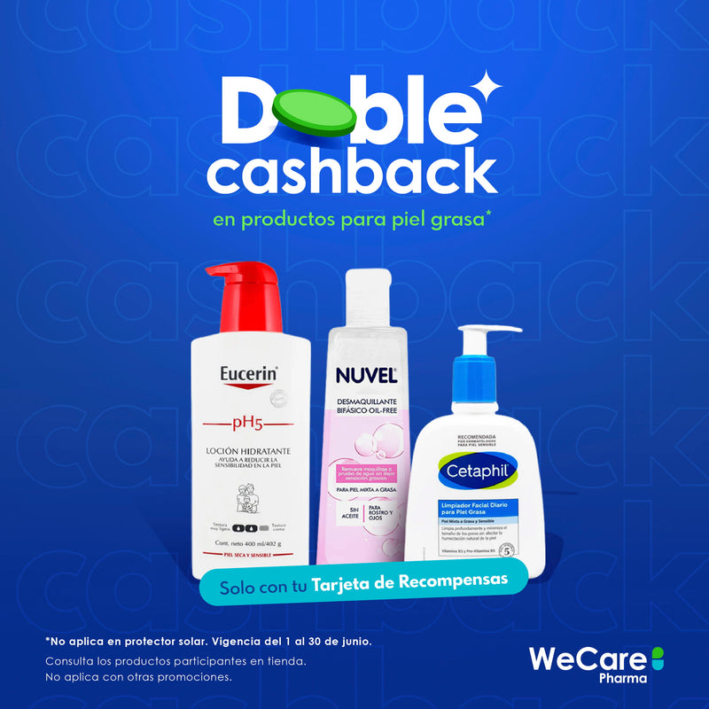 Promoción. Doble cashback en productos para piel grasa. solo con tu tarjeta de recompensas WeCare Pharma