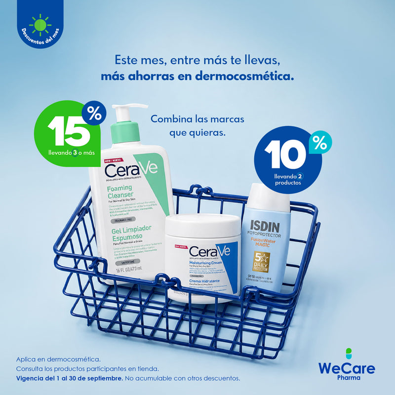 Promoción WeCare Pharma, Este mes, entre más te llevas, más ahorras en dermocosmética. Combina las marcas que quieras.