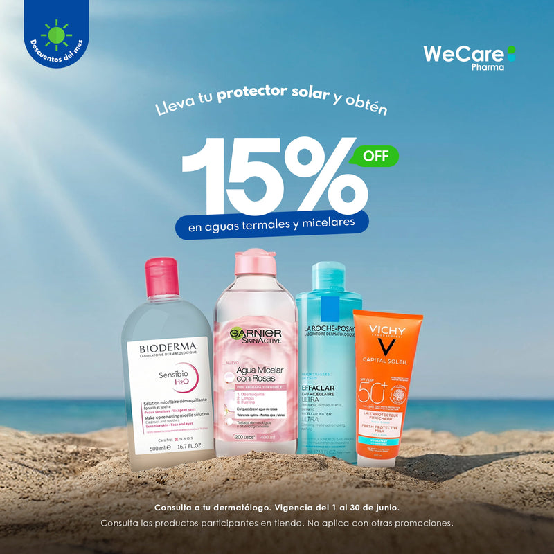 Promoción. Lleva tu protector solar y obtén 15% de descuento en aguas termales y micelares