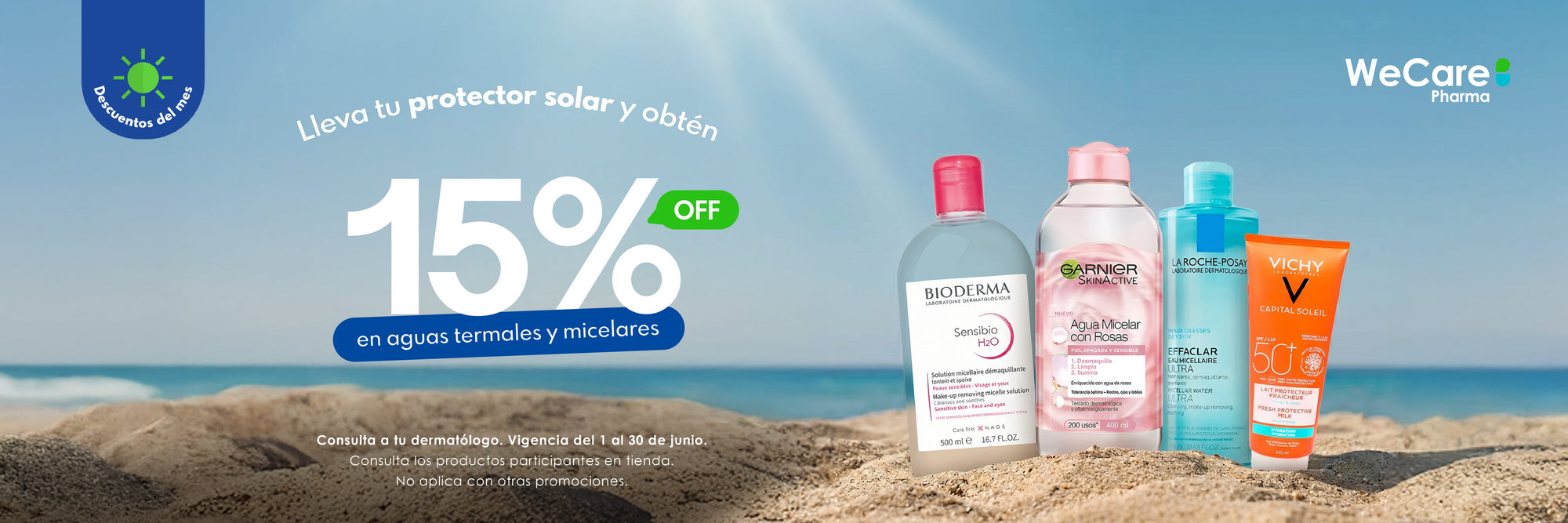 Promoción. Lleva tu protector solar y obtén 15% de descuento en aguas termales y micelares