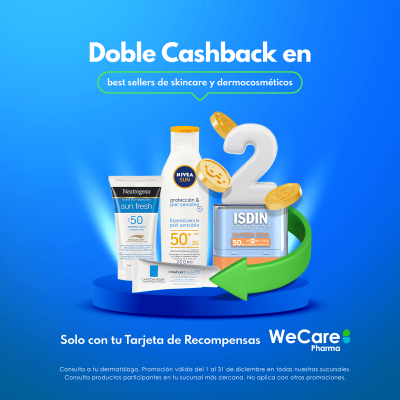 Doble cashback en best Sellers de skincare y dermocosméticos, solo con tu tarjeta de recompensas WeCare Pharma
