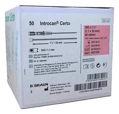 Cateter Intravenoso Introcan Certo 20Gx32Mm Con 50 - WeCare Pharma