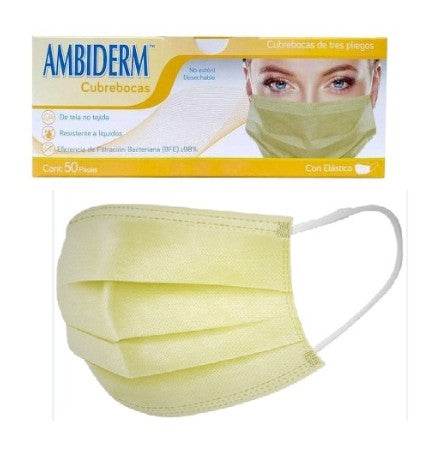 Cubrebocas 3 Pliegos Ambiderm Adulto Amarillo Con 50 - WeCare Pharma