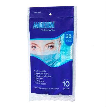 Cubrebocas 3 Pliegos Ambiderm Adulto Azul Con 10 - WeCare Pharma