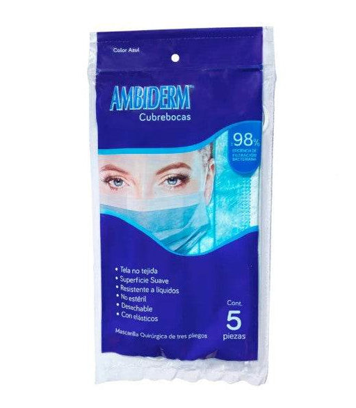 Cubrebocas 3 Pliegos Ambiderm Adulto Azul Con 5 - WeCare Pharma