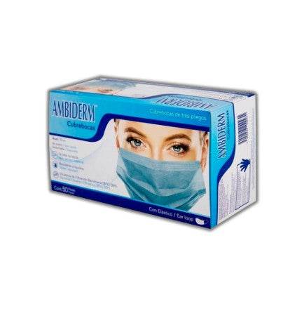 Cubrebocas 3 Pliegos Ambiderm Adulto Azul Con 50 - WeCare Pharma