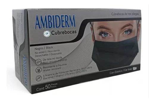 Cubrebocas 3 Pliegos Ambiderm Adulto Negro Con 50 - WeCare Pharma