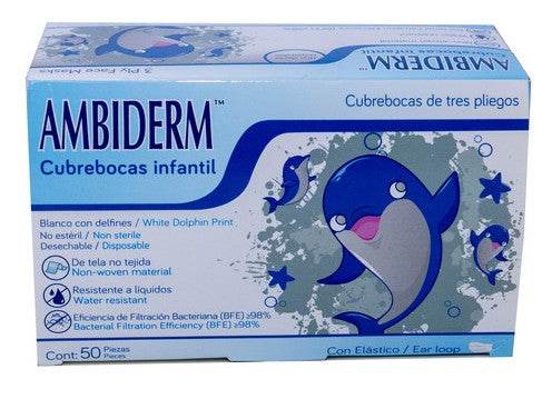 Cubrebocas 3 Pliegos Ambiderm Infantil Blanco Con Delfines Con 50 - WeCare Pharma