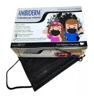 Cubrebocas 3 Pliegos Ambiderm Infantil Negro Con 50 - WeCare Pharma