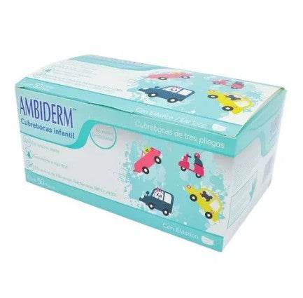 Cubrebocas 3 Pliegos Ambiderm Infantil Verde Con Carros Con 50 - WeCare Pharma