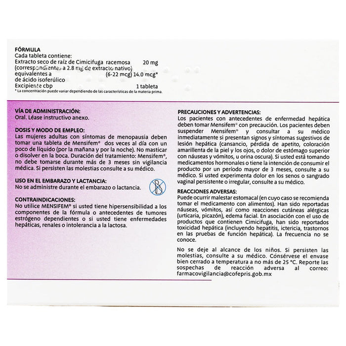 Mensifem (Cimicifuga Racemosa) Tableta 2.5Mg Con 60 4029799161033 perfil 6