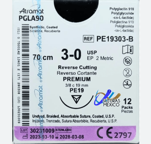 Pgla90 3-0 (Vicryl) Aguja Cortante 19Mm Hebra 70 Cm Incoloro Pe19303-B Linea Premium - WeCare Pharma
