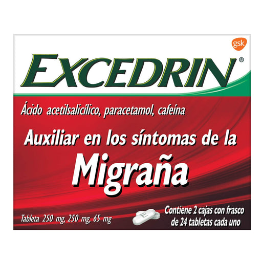 Excedrin Migraña 24 Tabletas 2 Frascos (Ácido Acetilsalicilico/Paracetamol/Cafeina) - WeCare Pharma