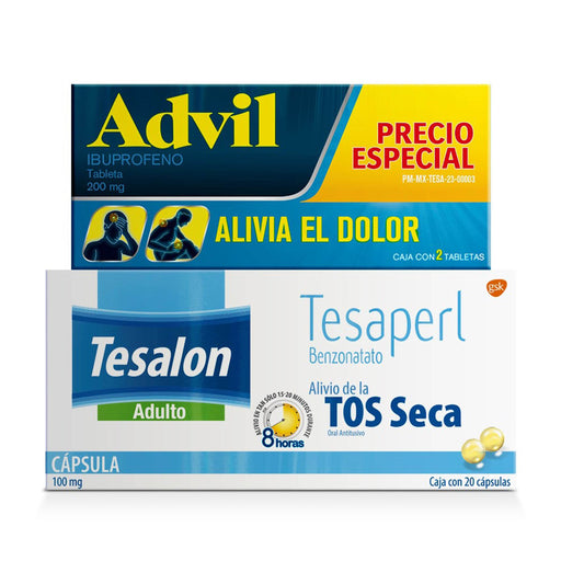 Tesalon 100Mg Con 20 + Advil (Ibuprofeno) Tabletas 200Mg Con 2 Capsulas (Benzonatato) - WeCare Pharma