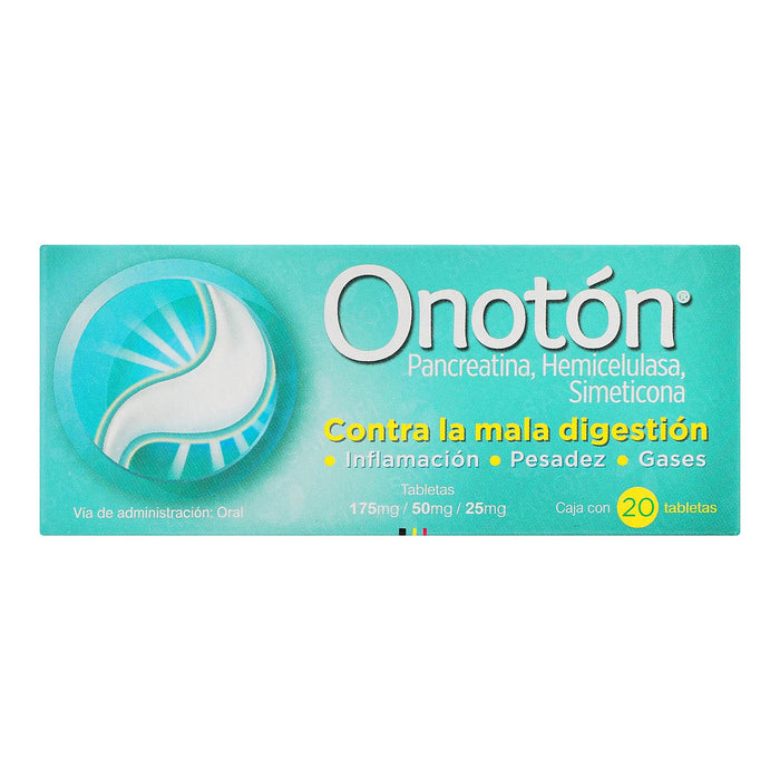 Onoton 175Mg/50Mg/25Mg Con 20 Tabletas (Pancreatina/Hemicelulasa/Simeticona) - WeCare Pharma